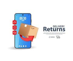 3D Online Returns Delivery on Mobile. Fast respond delivery package shipping. Vector illustration