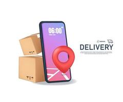 Boxes are stacked on top of each other and shown on smartphone screen and there is a red buy button next to it, 3d vector isolated for delivery, logistics and online shopping concept