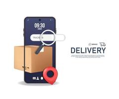 Parcel box or cardboard box, red pin location, search bar, with Smartphone 3d concept vector