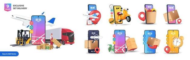 Delivery 3d render vector set. Return, Trucking, Food,  Express, and More. Online delivery phone concept.