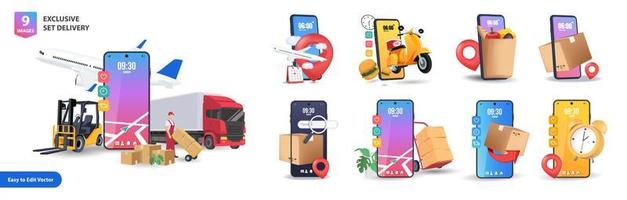 Delivery 3d render vector set. Return, Trucking, Food,  Express, and More. Online delivery phone concept.