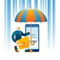 A man with an umbrella protects her mobile phone from hacker attacks. vector