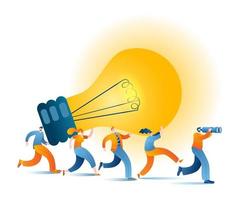 Several men and women in casual clothes carry a light bulb. vector