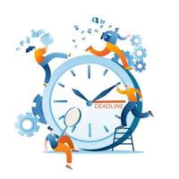 A group of characters are fussing around the clock, which shows the deadline time. vector