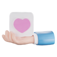 hand innehav en vit kub med rosa hjärta . 3d tolkning png