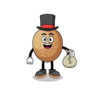 kiwifruit mascot illustration rich man holding a money sack vector