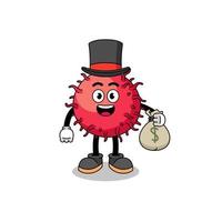 rambutan fruit mascot illustration rich man holding a money sack vector