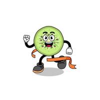 Mascot cartoon of sliced kiwifruit running on finish line vector