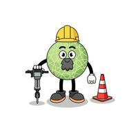 personaje dibujos animados de melón Fruta trabajando en la carretera construcción vector