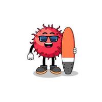 Mascot cartoon of rambutan fruit as a surfer vector