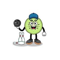 Mascot of sliced kiwifruit as a bowling player vector