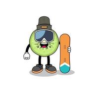 mascota dibujos animados de rebanado kiwi tabla de snowboard jugador vector