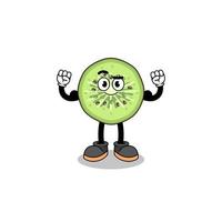 Mascot cartoon of sliced kiwifruit posing with muscle vector