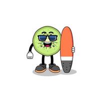 Mascot cartoon of sliced kiwifruit as a surfer vector