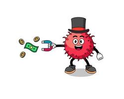 personaje ilustración de rambután Fruta atrapando dinero con un imán vector