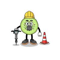 Character cartoon of sliced kiwifruit working on road construction vector