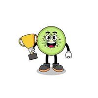 Cartoon mascot of sliced kiwifruit holding a trophy vector