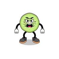 sliced kiwifruit cartoon illustration with angry expression vector