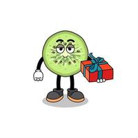 sliced kiwifruit mascot illustration giving a gift vector