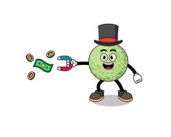 personaje ilustración de melón Fruta atrapando dinero con un imán vector