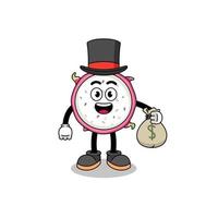 dragon fruit mascot illustration rich man holding a money sack vector