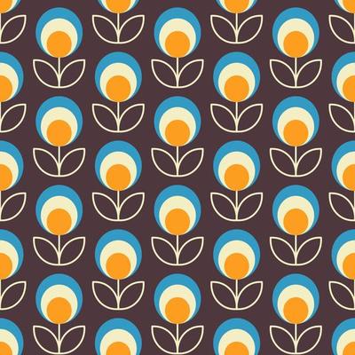 Mid century modern seamless pattern. Retro flowers background for bedding, tablecloth, oilcloth or other textile design in retro style
