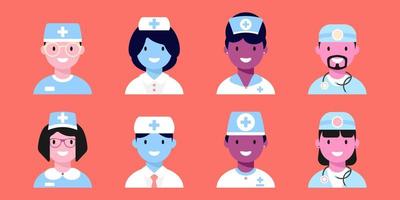 Doctor and Nurse Icons set. Multicultural Medical characters. Icons for web application. Vector illustration.