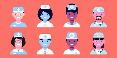 Doctor and Nurse Icons set. Multicultural Medical characters. Icons for web application. Vector illustration.