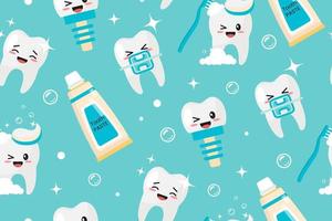 gracioso sin costura patrón, concepto de salud y cuidado para para niños dientes. kawaii caracteres. para tu diseño de embalaje, fondo de pantalla, papel, tela, envoltura. vector ilustración.