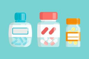 Set of Transparent Bottles with capsules and tablets. Vector illustration.