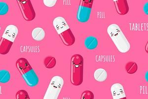 Funny Seamless Pattern, Pills with Kawaii face. Vector illustration for your Medical design.