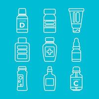 Medical Bottles with medicines and vitamins. White Linear Icons. Isolated elements on a blue background. Vector illustration.