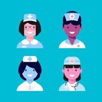 Female Physician Nurses avatar set. Funny multicultural Medical characters. Medical Icons in flat style, vector illustration.