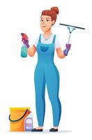 Cleaning service woman holding window cleaning tools. Female janitor cartoon character vector