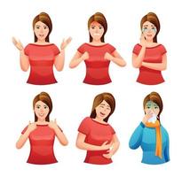 Set of woman in different expressions and situations vector illustration