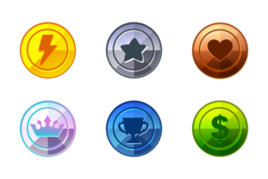 impostato di gioco metallo icone-energia, stella, cuore, dollaro, corona e premio tazza. png