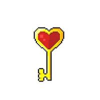 golden key with love sign gemstone in pixel art style vector