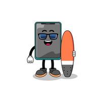 Mascot cartoon of smartphone as a surfer vector