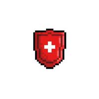 red shield with plus sign in pixel art style vector