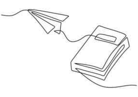 Hand drawing one single continuous line of book and paper plane vector