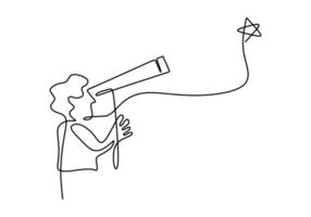 Hand drawing one continuous line of man use binoculars science theme vector