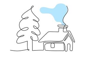 Hand drawing one single continuous line of spruce and house vector