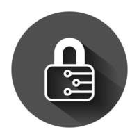 Cyber security icon in flat style. Padlock locked vector illustration on black round background with long shadow. Closed password business concept.