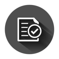 Compliance document icon in flat style. Approved process vector illustration on black round background with long shadow. Checkmark business concept.