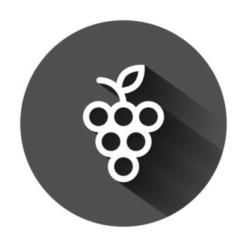 Grape fruits sign icon in flat style. Grapevine vector illustration on black round background with long shadow. Wine grapes business concept.