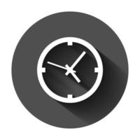 Clock sign icon in flat style. Time management vector illustration on black round background with long shadow. Timer business concept.