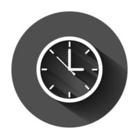 reloj firmar icono en plano estilo. hora administración vector ilustración en negro redondo antecedentes con largo sombra. Temporizador negocio concepto.