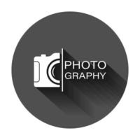 Camera device sign icon in flat style. Photography vector illustration on black round background with long shadow. Cam equipment business concept.