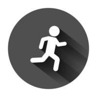 Running people sign icon in flat style. Run silhouette vector illustration on black round background with long shadow. Motion jogging business concept.