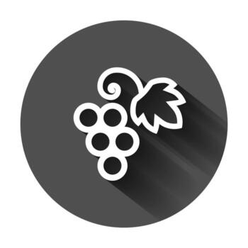 Grape fruits sign icon in flat style. Grapevine vector illustration on black round background with long shadow. Wine grapes business concept.